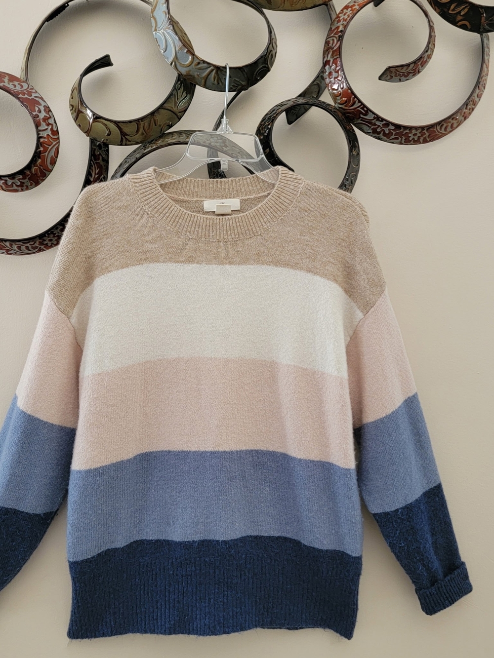 H&M Cozy Colorblock Crewneck Sweater - Off White, Pink, Blue And Navy